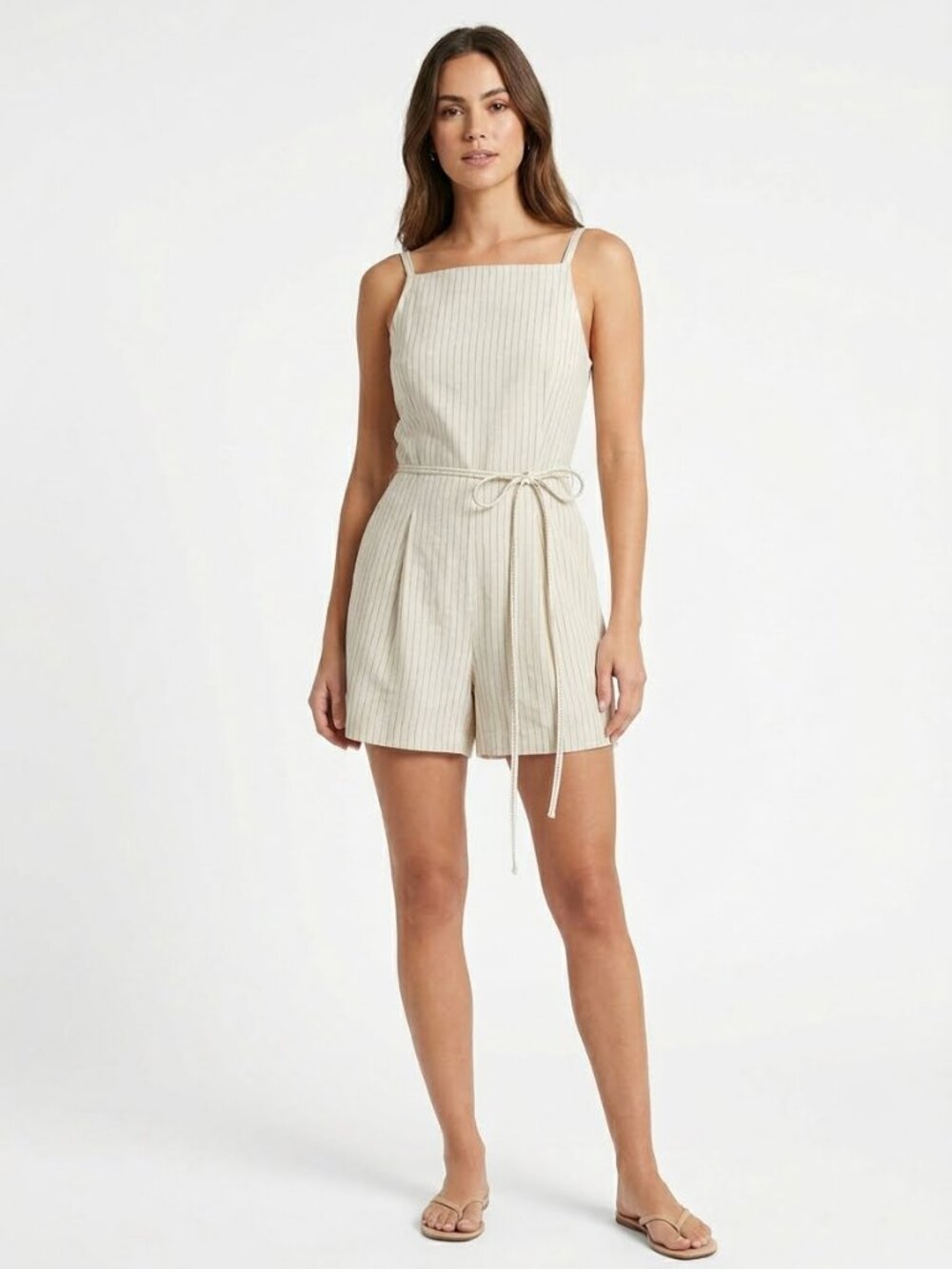 Madewell Sleeveless Square-Neck Pleated Romper Pinstripe Ivory Black